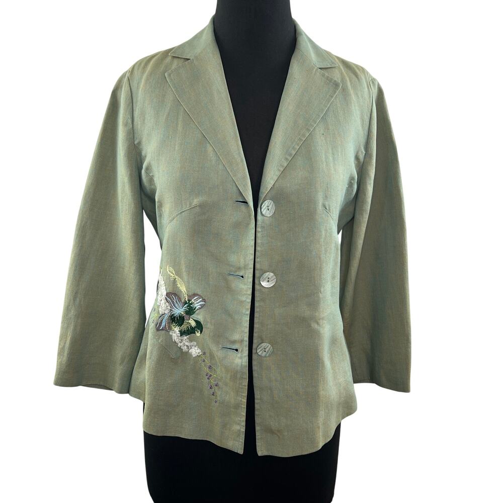 Vintage KENZO Jungle Green Long Sleeve Button Down Embroidered Linen Jacket EU38